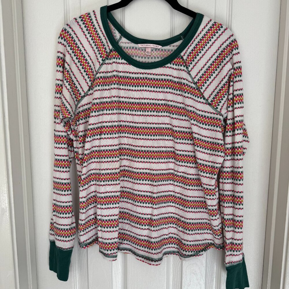 EUC Victoria’s Secret Thermal Top Fair Isle Cream, Pink, and Green Color, Size L